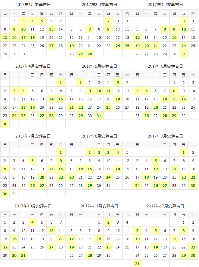 2017年下葬安葬入土吉日