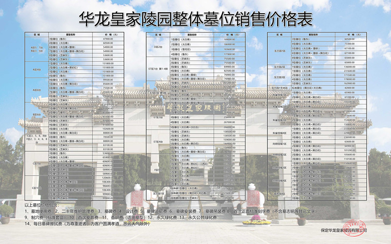 华龙皇家陵园整体价格表